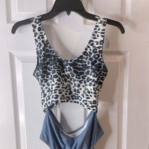 M one piece open midriff, leopard print top blue